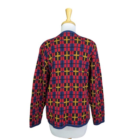 Vintage Crystal Kobe Cardigan Medium Red Blue Boxy Nordic Gold Buttons Pockets - Picture 12 of 14
